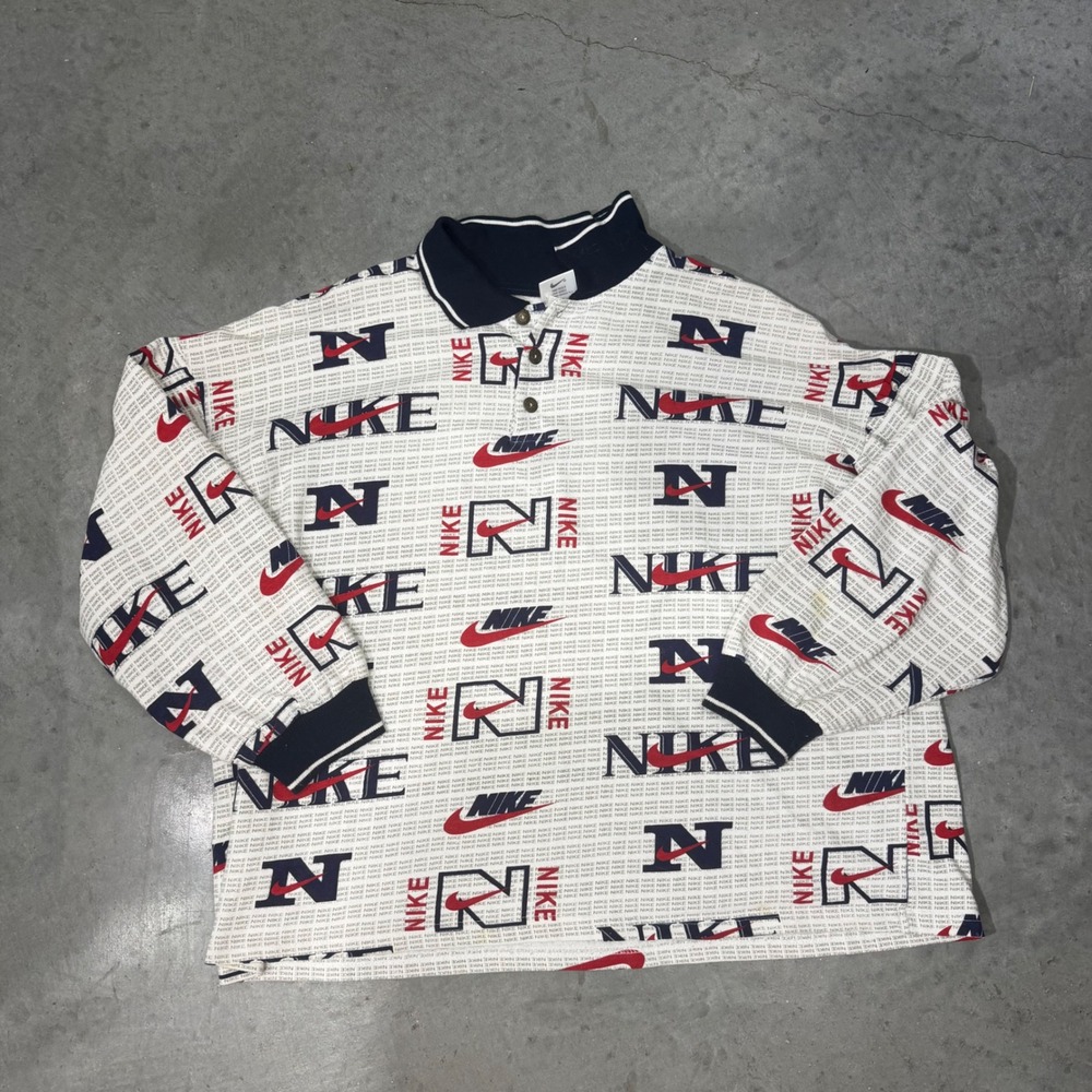 Vintage Nike All Over Print Long Sleeve Polo Shirt Made in USA White Red Navy